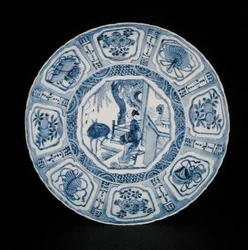 Blue and white kraak dish painted with a lady and a deer, Wanli