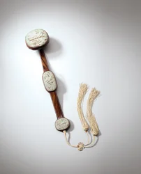 Carved Greyish-Green Jade-Inlaid Ruyi Sceptre, Yuan to Early Ming Dynasty