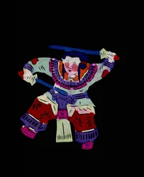 Female character practicing martial art with two swings. Painted paper cutting or "Jian Zhi", Chinese folk art, Pekin