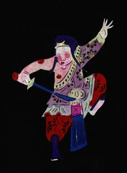 Male Character Practicing Martial Art with a Sword. Painted Paper Cutting or "Jian Zhi", Chinese Folk Art, Beijing