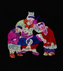 Male Character with Two Children. Painted Paper Cutting or "Jian Zhi", Chinese Folk Art, Beijing