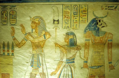 Ancient Egypt, Painting/Carving, Amon hir Khopshef Tomb, Rameses III with his son Amon-Hir carrying a standard