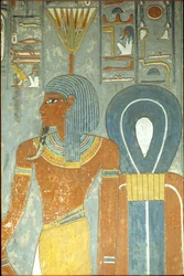 Ancient Egypt, Painting, Tomb of Horemheb, Thebes 18th dynasty, God Nefertum and Knot of Isis, Nefertum or Nefertem with a water lily or lotus headdress