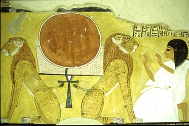Ancient Egypt, Wall painting Tomb of Inherkhau, Thebes, Inherkhau adoring two lions, guardians of today and tomorrow, 20th Dynasty