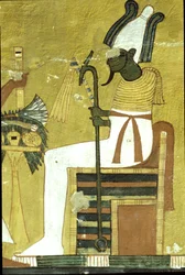 Ancient Egypt, Wall Painting Tomb of Inherkhau, Thebes, Osiris Seated Before Offering Table, 20th Dynasty