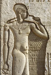 Ancient Egypt, Wall painting/carving, Ihy, son of Amun and Mut, Temple of Hathor, Dendera
