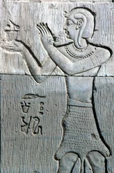 Ancient Egypt, Wall painting/carving, Priest wearing a leopard skin, offering incense, Temple of Sebek and Horus Kom Ombo