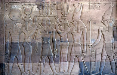 Ancient Egypt, Wall painting/carving, Ptolemy XIII being presented to Horus, Sebek and Horus Temple, Kom Ombo