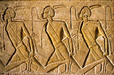 Ancient Egypt, Wall Painting/Carving, Row of Prisoners Representing the Kushite People, Depicted as African, Who Have Been Defeated by Rameses II, Temple of Rameses II, Abu Simbel