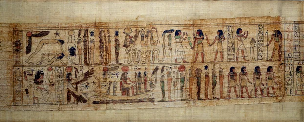 Ancient Egyptian Art Mythological Papyrus of Serimen. On top: during the creation of the world, the god Geb (Earth) is separated from the goddess Nout (heaven); gods and genies from the on. Below: Serimen pays homage to the sun that is flooding with its ra