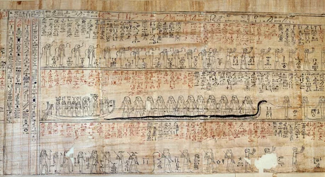 Egyptian Antiquity: Papyrus from the Book of Secretive Homes. This book is a commented representation of the underground journey of the sun during the twelve hours of the night