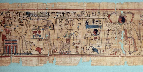 Egyptian antiquity: (detail) of the mythological papyrus of Neskapashouty. Anubis weighs the heart of the deceased