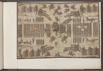 A battle. Armies in formation. Drawings of armies, soldiers, horses and harnesses, and other military scenes. 1500-1650