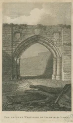 Lichfield - Ancient West Gate of The Close: engraving