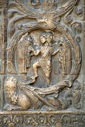 Gothic Art: Piedroit of the right-hand portal of the western facade of the Basilica of Saint Denis representing the work of the fields: January. Saint-Denis, France