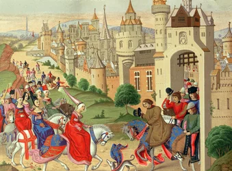 Isabella, Queen of England, is welcomed at the gates of Paris by her brother King Charles IV of France, from the manuscript 