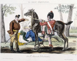 Riding lesson or distracted lover - humorous drawing