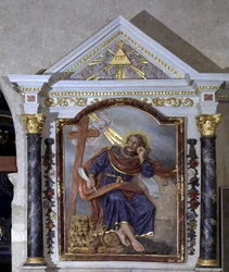 Saint Mark the Evangelist and its symbol: the lion. Altarpiece of the Church of Pear on Life, Vendee.