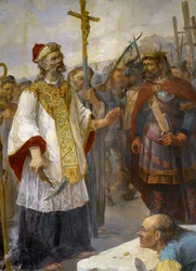 St Corentin lays the 1st stone of the Cathedral of Quimper on Odet in the presence of King Gralon Meur, 435 - painting of the church of Morlaix