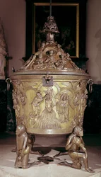 Baptismal Font Showing a Relief Panel of the Baptism of Christ, Supported by Four Kneeling Figures Representing the Rivers of Paradise, German, c.1225-30