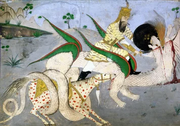 A mounted warrior attacking a dragon, illustration from a book on Indian mystics