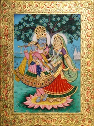 Radha Krishna Miniature Painting on Paper with Golden Embossing