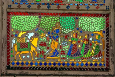 Radha Krishna with Sakhi on Stained Glass