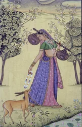 Woman Holding Rudra Veena and Flower Garland Miniature Painting