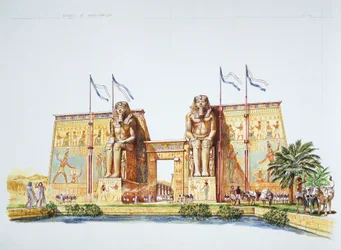Ancient Thebes - reconstruction of the statues of Amemhotep III, known as the Colossi of Memnon, at the time of Ramses II