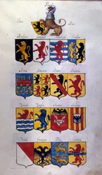 Blazon of the Netherlands (Holland, Flanders, Hainaut) with dragons, Archivio di Stato of Milan