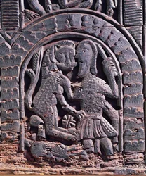 Detail of a lion hunt from a medieval chest