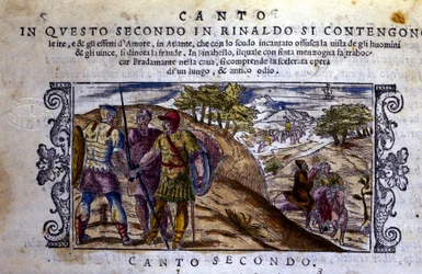 On the right Angelique meets a hermit who will stop the fight between Renaud and Sacripant for the horse Bayard - Scene taken from the knightly poem of 