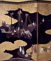 Portuguese screen: a representation of the arrival of Portuguese Jesuit missionaries in Japan in the 16th century (detail)