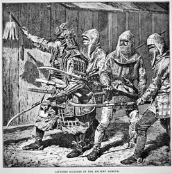 Samurai of Old Japan leading common soldiers in chainmail armed with pole weapons