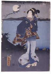 Woman at Lakeside Watching Full Moon and Descending Geese