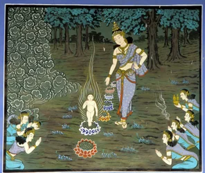 Birth of Buddha. Fresco in Yongju Temple, Suwon region, Korea.