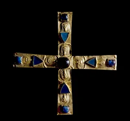 Archaeology of the Middle Ages. Barbarian art of Lombardy: Cross of Gisulfo, in bumped gold leaf with semi-precious stones. Made by a Lombard master of the 7th century. Italy, Cividale del Friuli, Musee archeol