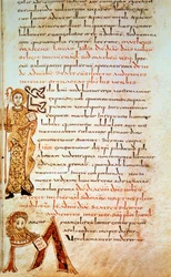 Saint Matthew; Letter M (Head of the Lion of Saint Mark). Page in Sacramentary of Gellone, Folio 42