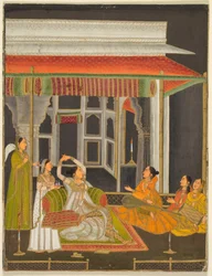 A Princess on a Terrace with Attendants at Night; Calligraphy, c. 1760