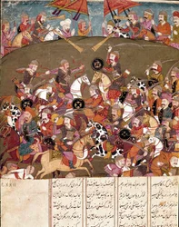 Islamic art: battle scene. Persian miniature from a manuscript of the epic poem 