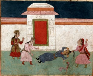 Islamic art: two concubines fighting in a harem, the favorite grabs her rival