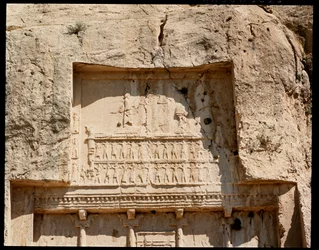 View of the Necropolis and the tomb of Darius I the Great with relief representing him honoring the sun