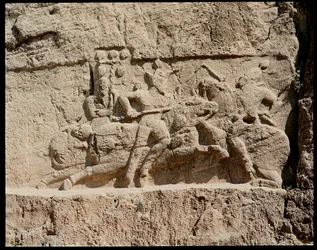 View of the Necropolis and the tombs belonging to Achaemenid kings, relief representing scenes of battle