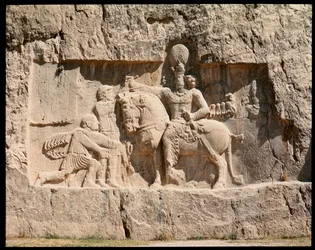 View of the Necropolis and the tombs belonging to Achaemenid kings, relief representing victory of Shapur I over the Roman emperor Valerian in Edessa, 260 AD