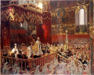 Coronation of Nicholas II in 1896 in the Dormition Cathedral in Moscow - anonymous Russian painting