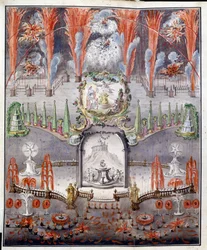 Fireworks and illumination on 17 September 1747 in Gostilitsy (Russia). Anonymous work, hand-colored copper engraving, mid-18th century. Russian art