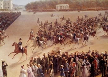 Parade on the Champs de Mars, in the foreground Alexandre Pushkin and Nicolas I on a horse going to the front of the empress in a carriage in Paris (detail). Painting of the Russian School. Saint Petersburg