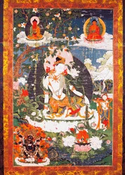 The bodhisattva Avalokitesvara Padmapani sitting, tanka or thangka (Buddhist banner), Tibetan civilization
