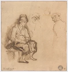 Woman Seated on Bench and Three Sketches of Heads