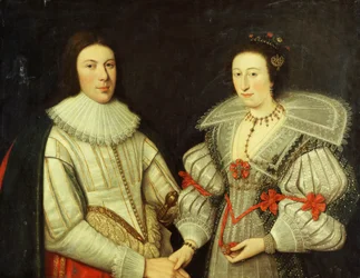 A Group Portrait of a Gentleman, Half-Length, in a White Doublet and Ruff, and His Wife, in a White and Green Dress, Fan Shaped Collar and Gold Necklace